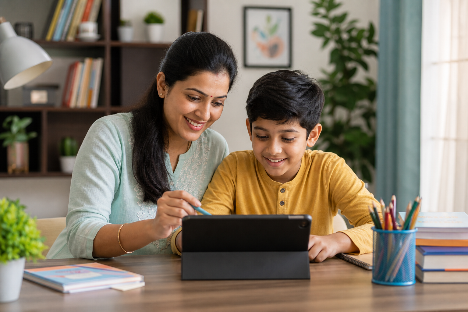 Indian parent helping a child practise maths on a tablet