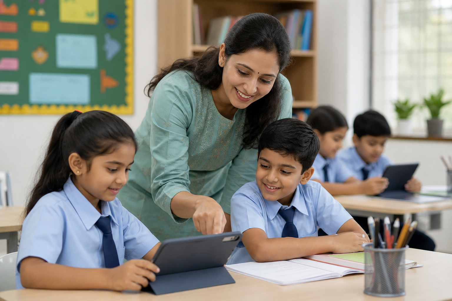 Indian maths teacher helping students in a classroom
